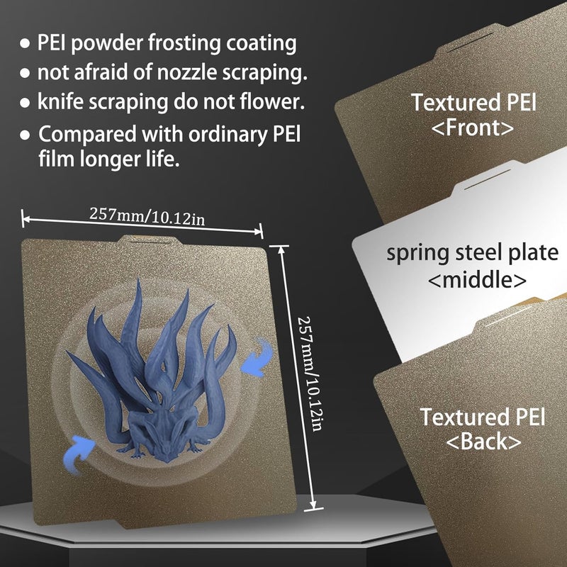 Wefuit JUUPINE Gold PEI Sheet for Bambu Lab P2S/X1/X1C/X1E/P1P/P1S/A1 Carbon Build Plate HeatingBed Spring Steel Flexible Platform 256x256mm Double Side Textured Hotbed for 3D Printer - Image 3
